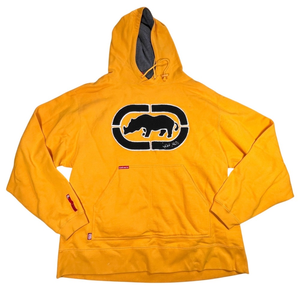 Ecko Unltd Hoodie Mens XL Yellow Marc Ecko Rhino Logo Streetwear Pullover 5846
